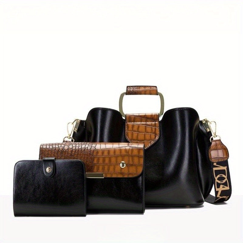 3-Pc Crocodile Pattern Bag Set Vintage Shoulder & Clutch Purse Credit Case