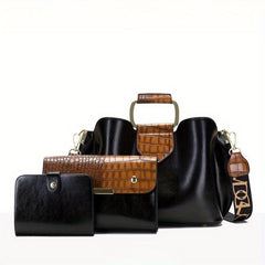 3-Pc Crocodile Pattern Bag Set Vintage Shoulder & Clutch Purse Credit Case