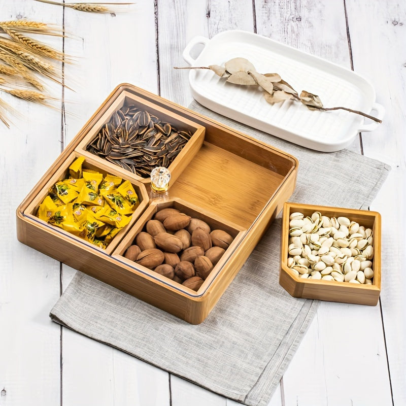 Bamboo Divided Serving Tray With Lid & Removable Dividers