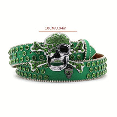 Green Big Skull Rhinestone Belt Men's Inlay Hip Hop Punk Style Belt
