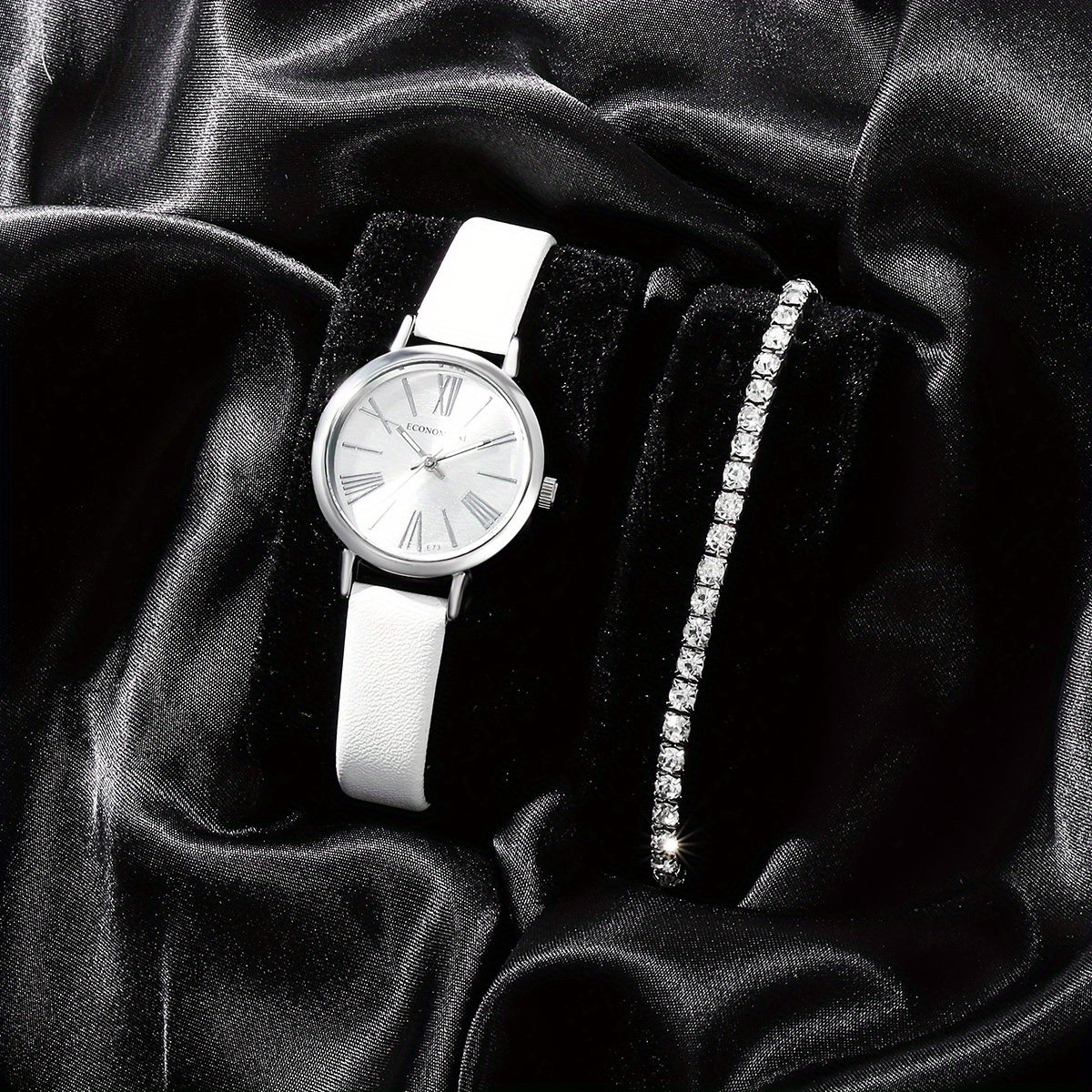 Alloy Round Quartz Watch & Rhinestone Bead Bracelet Set