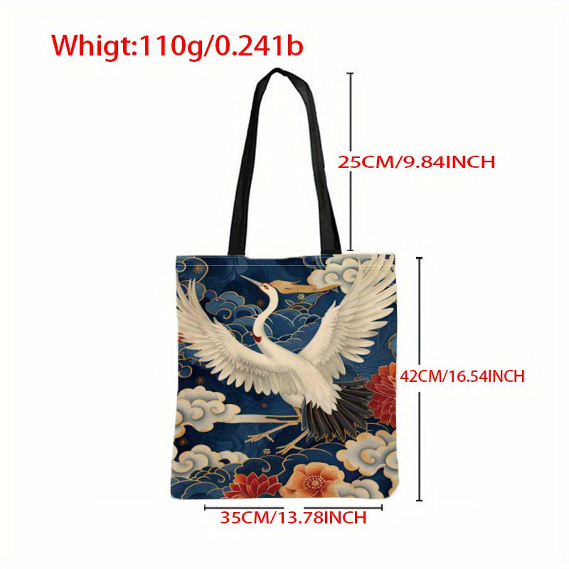 Retro Crane Pattern Canvas Tote Bag Lightweight Handbag for Women