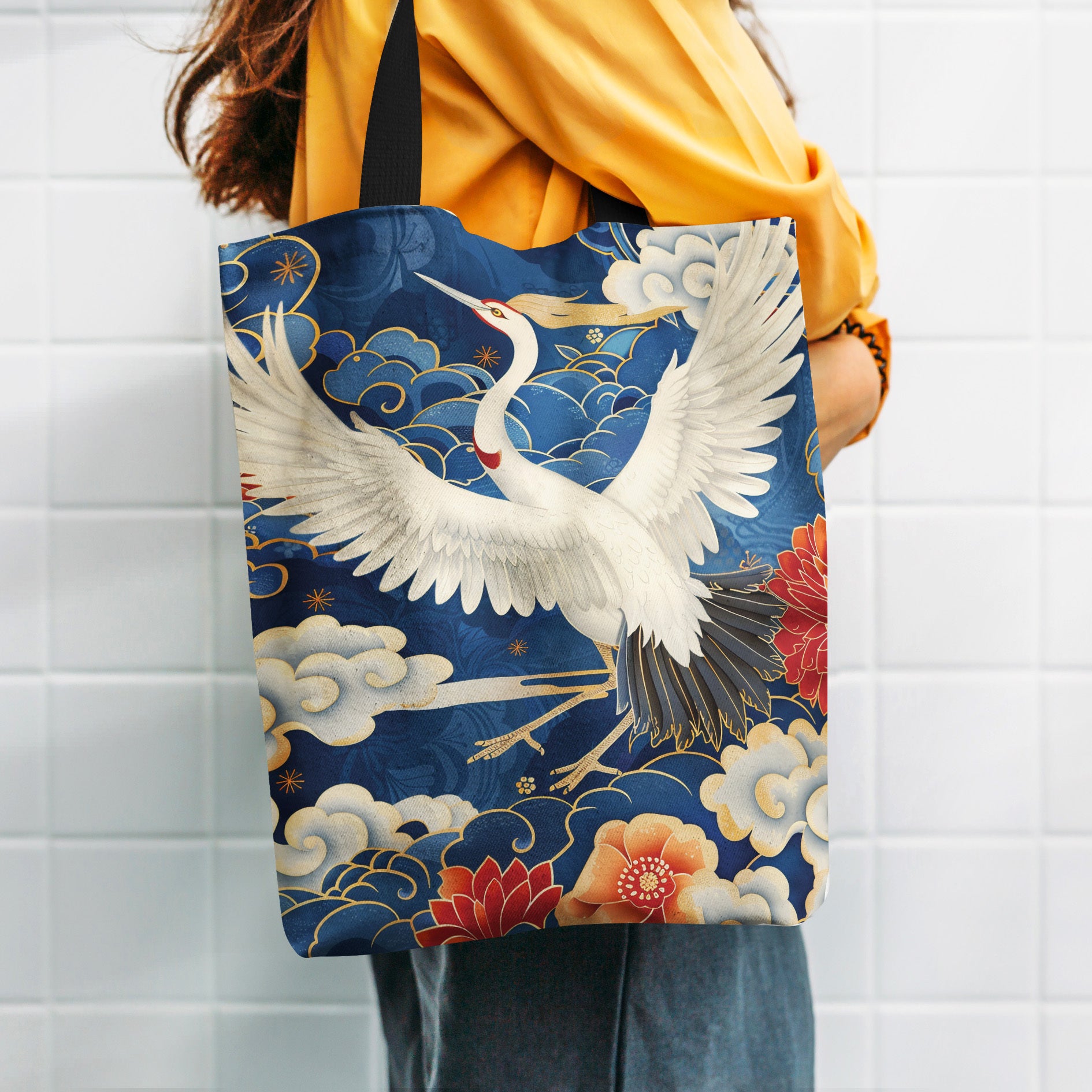 Retro Crane Pattern Canvas Tote Bag Lightweight Handbag for Women