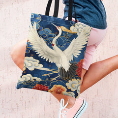 Retro Crane Pattern Canvas Tote Bag Lightweight Handbag for Women