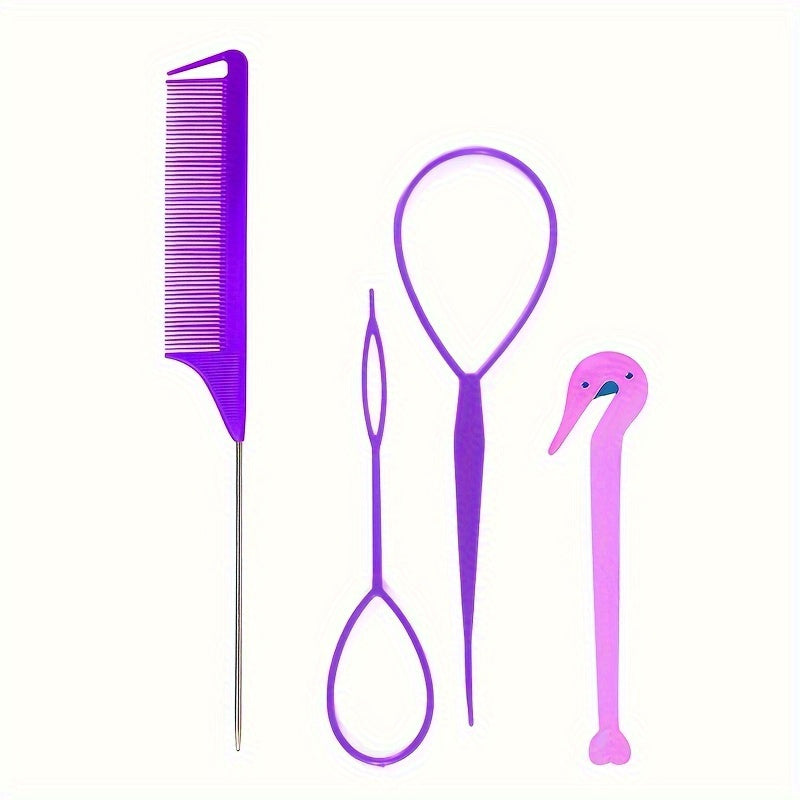 4pcs Hair Loop Tool Set Braid Tool Rat Tail Comb Elastic Bands Remover Cutter