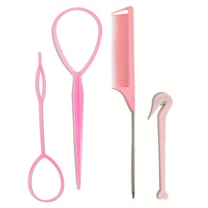 4pcs Hair Loop Tool Set Braid Tool Rat Tail Comb Elastic Bands Remover Cutter