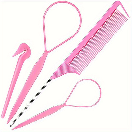 4pcs Hair Loop Tool Set Braid Tool Rat Tail Comb Elastic Bands Remover Cutter