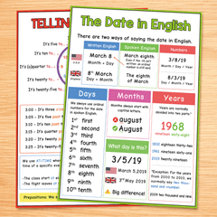 Set of 2 Educational Posters for Teaching Time And Date + Math Flashcards