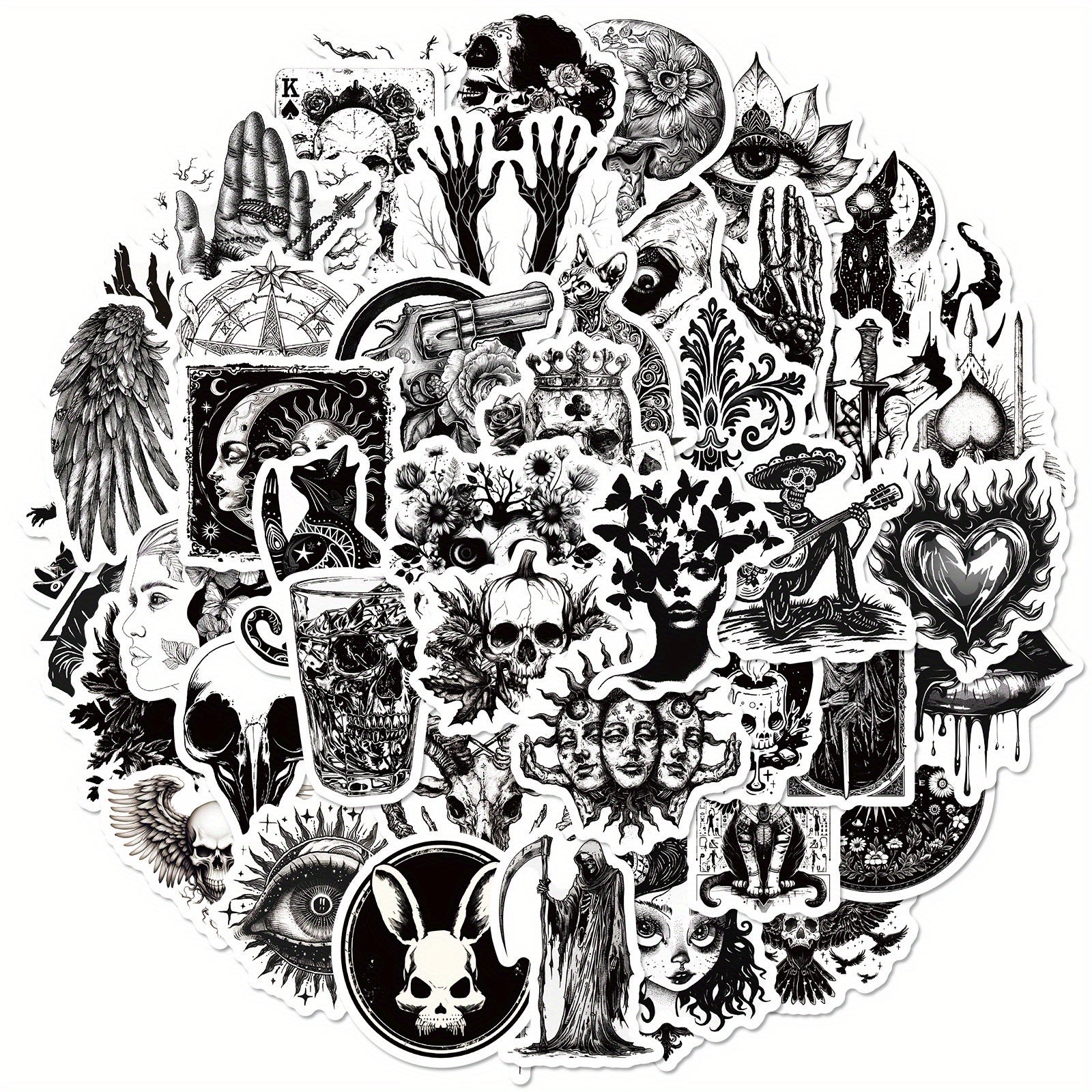 50pcs Gothic Punk Waterproof Stickers - Skulls, Roses, Cats - Laptops