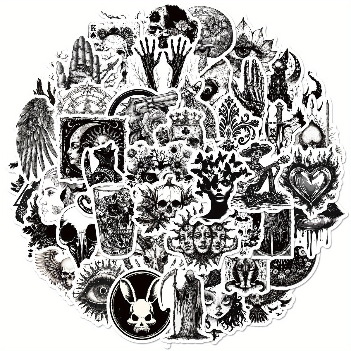 50pcs Gothic Punk Waterproof Stickers - Skulls, Roses, Cats - Laptops