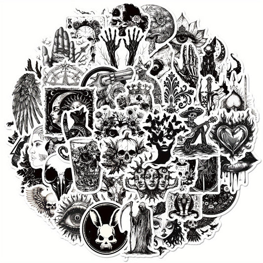 50pcs Gothic Punk Waterproof Stickers - Skulls, Roses, Cats - Laptops