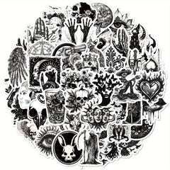 50pcs Gothic Punk Waterproof Stickers - Skulls, Roses, Cats - Laptops