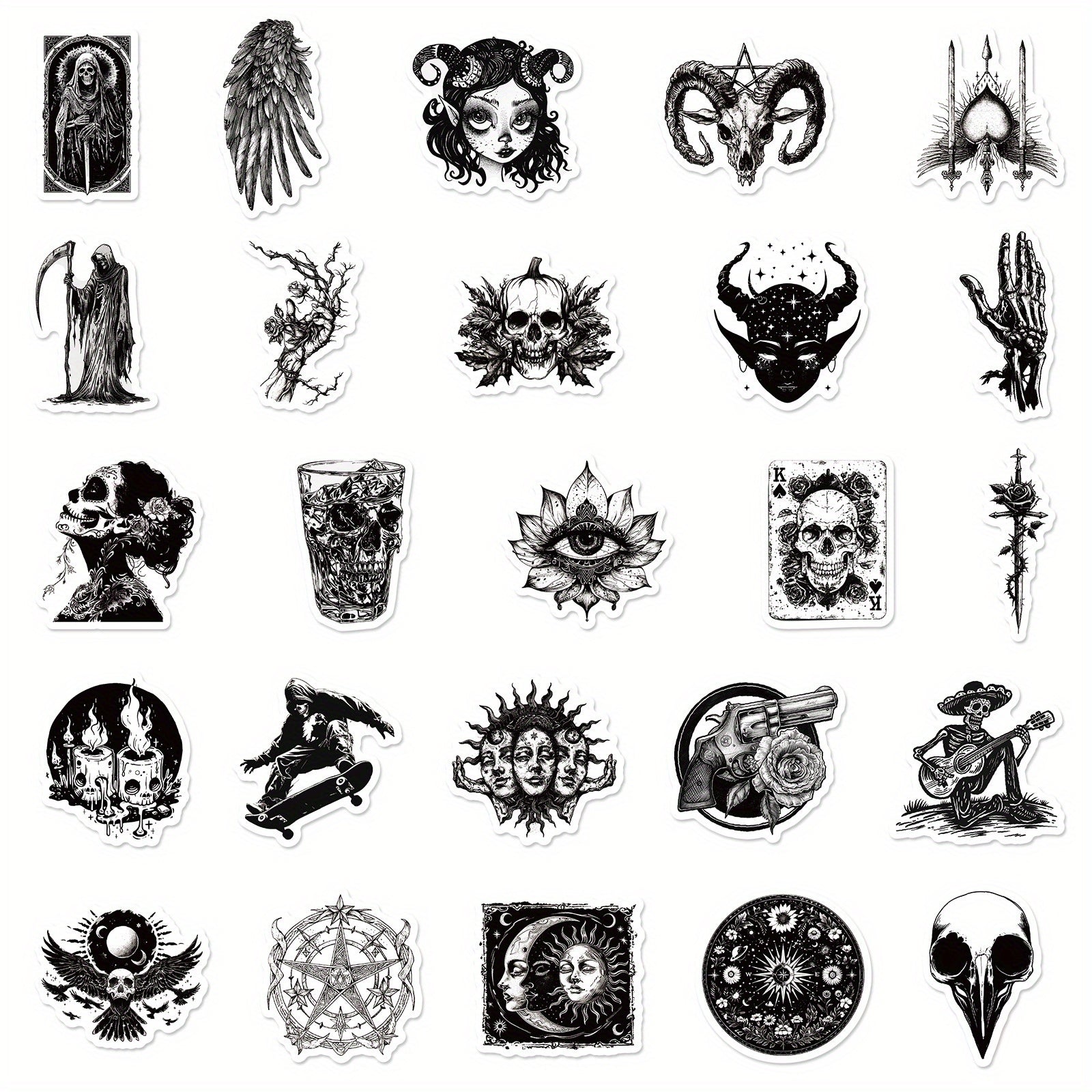 50pcs Gothic Punk Waterproof Stickers - Skulls, Roses, Cats - Laptops