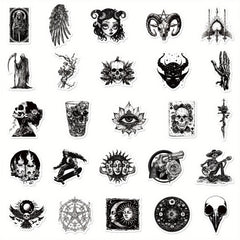 50pcs Gothic Punk Waterproof Stickers - Skulls, Roses, Cats - Laptops