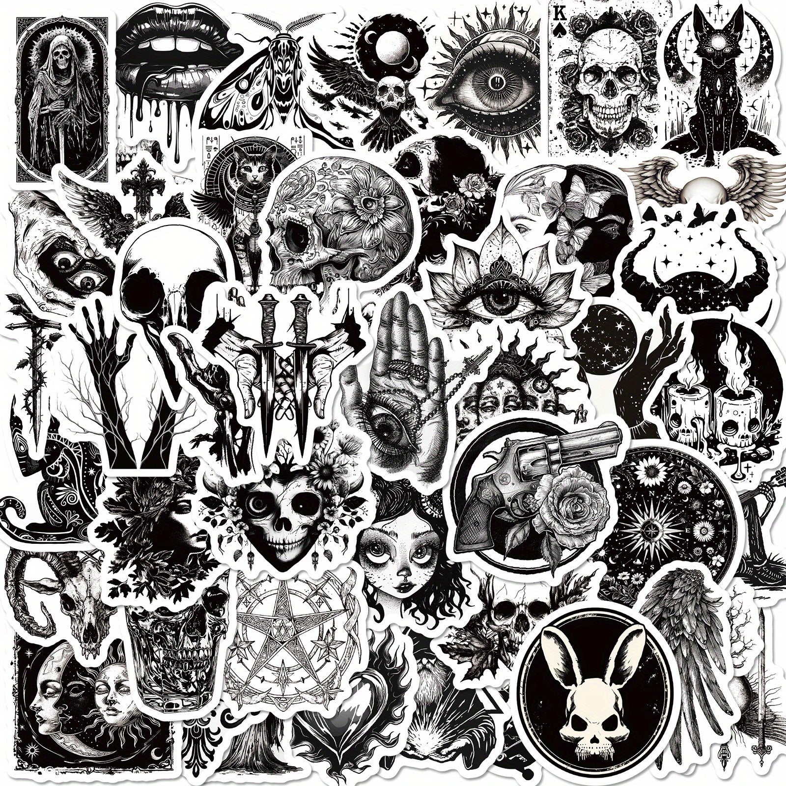 50pcs Gothic Punk Waterproof Stickers - Skulls, Roses, Cats - Laptops