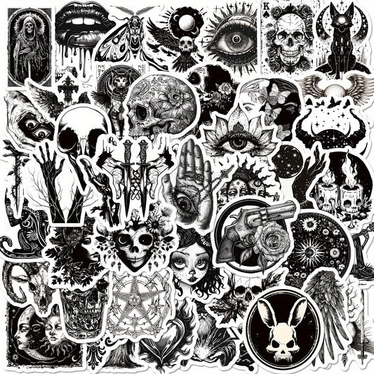 50pcs Gothic Punk Waterproof Stickers - Skulls, Roses, Cats - Laptops