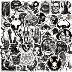 50pcs Gothic Punk Waterproof Stickers - Skulls, Roses, Cats - Laptops