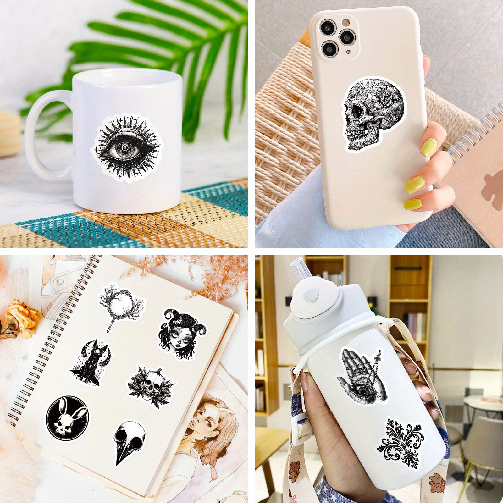 50pcs Gothic Punk Waterproof Stickers - Skulls, Roses, Cats - Laptops