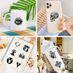 50pcs Gothic Punk Waterproof Stickers - Skulls, Roses, Cats - Laptops
