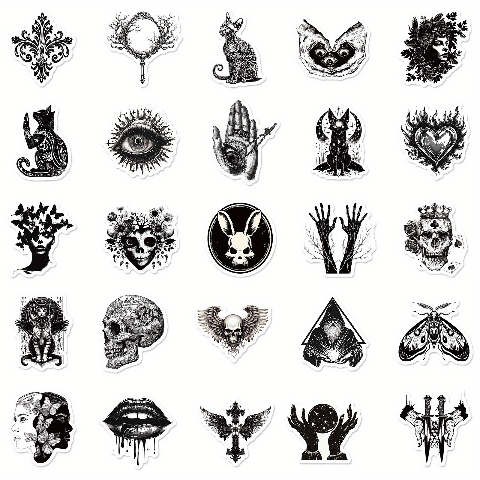 50pcs Gothic Punk Waterproof Stickers - Skulls, Roses, Cats - Laptops