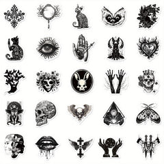 50pcs Gothic Punk Waterproof Stickers - Skulls, Roses, Cats - Laptops