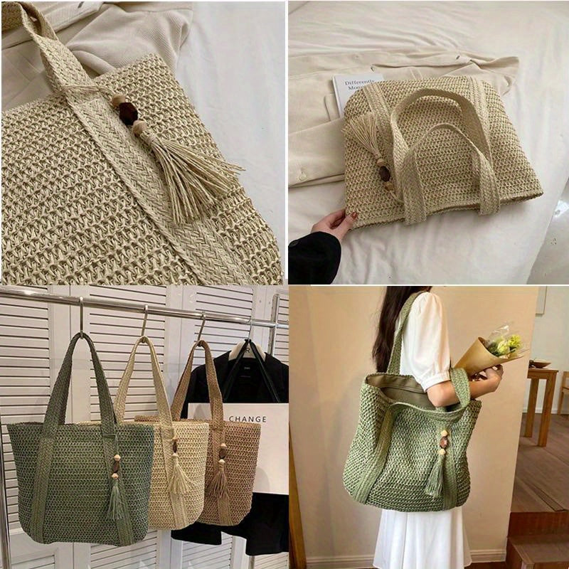 Bohemian Summer Beach Straw Tote Bag with Tassel Detail