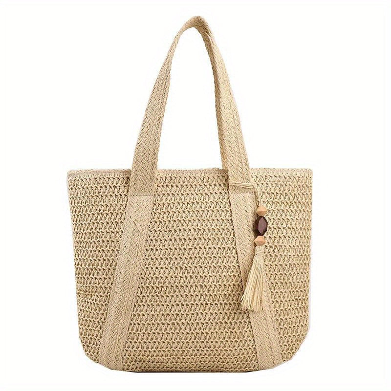 Bohemian Summer Beach Straw Tote Bag with Tassel Detail