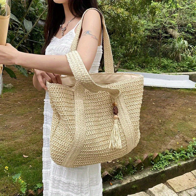 Bohemian Summer Beach Straw Tote Bag with Tassel Detail