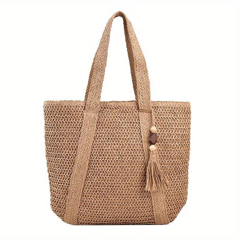 Bohemian Summer Beach Straw Tote Bag with Tassel Detail