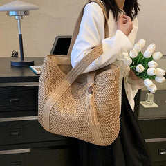 Bohemian Summer Beach Straw Tote Bag with Tassel Detail