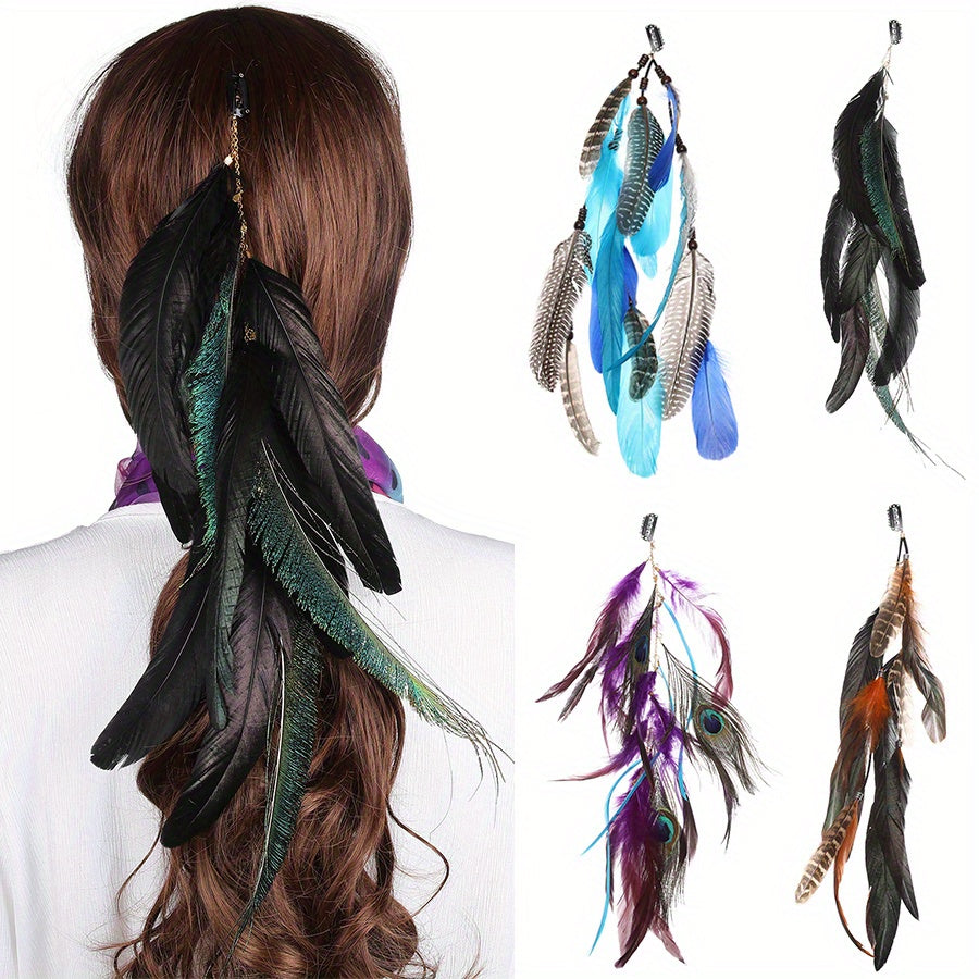 Indian Style Long Feather Hair Clip and Pin Set for Women