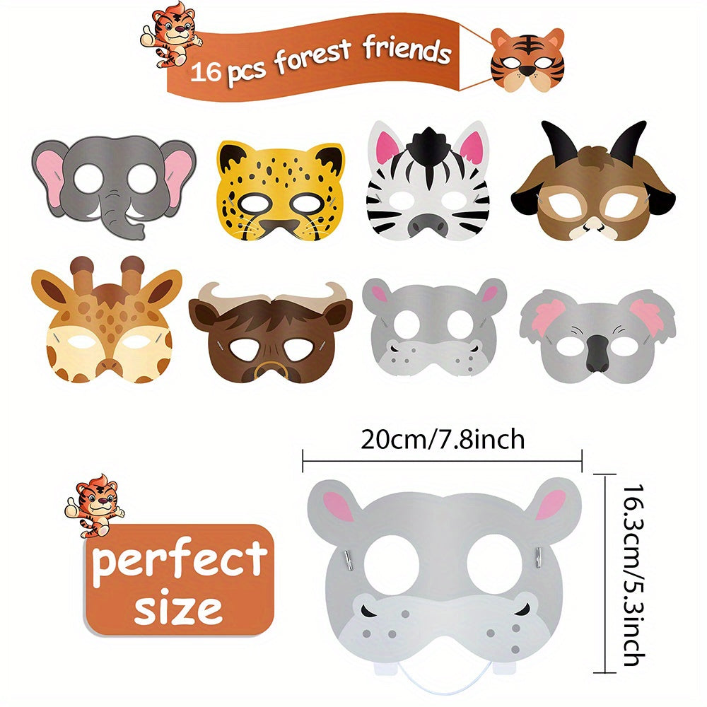 16pcs Animal Masks Party Favors Jungle Safari Theme Birthday Dress Up