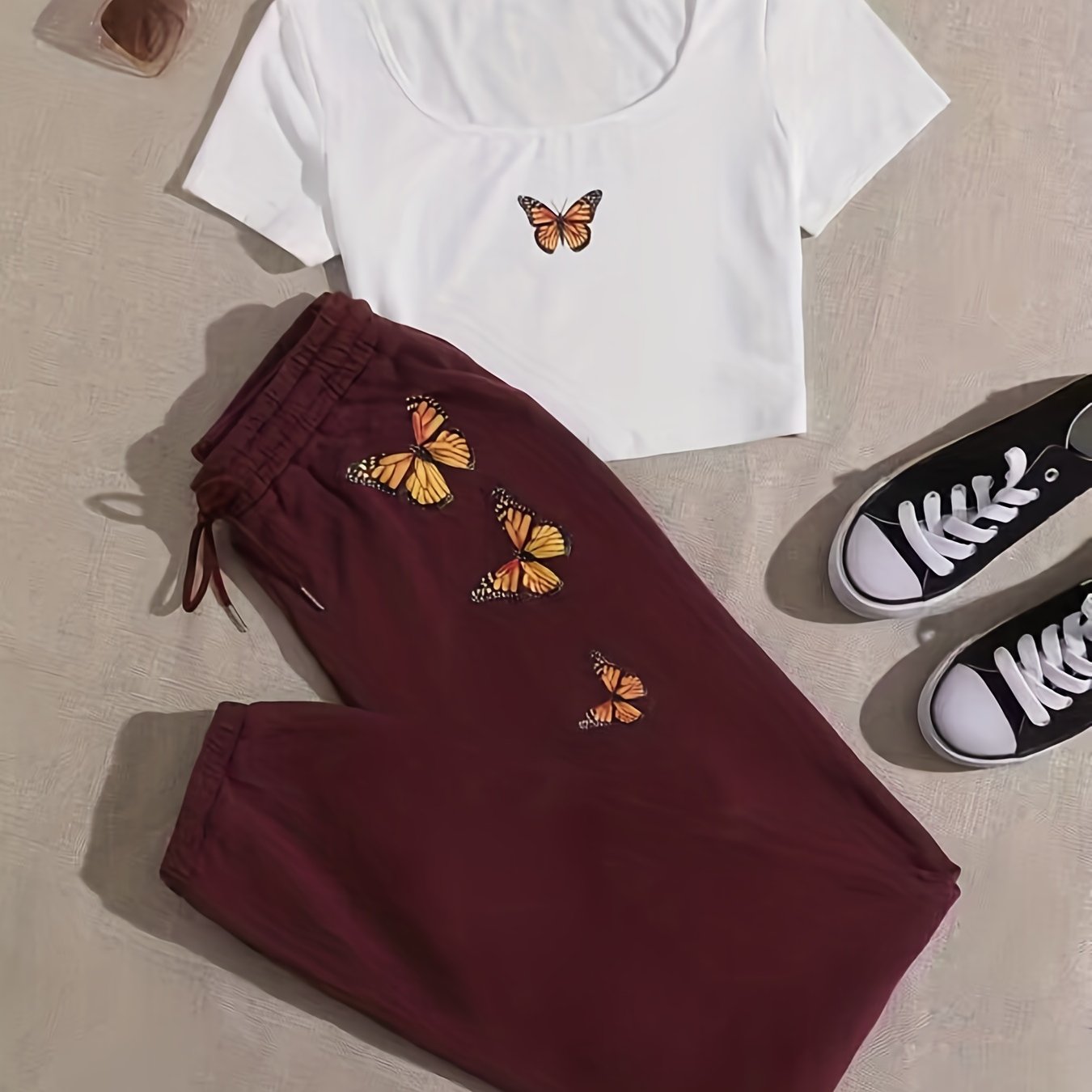 Butterfly Print Two piece Set Crop Top & Jogger Pants Outfits Women's Clothing