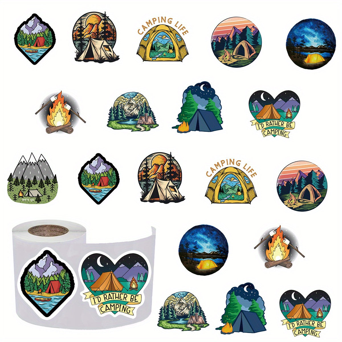 500pcs Camping & Nature Sticker Roll Vinyl Decals 10 Designs