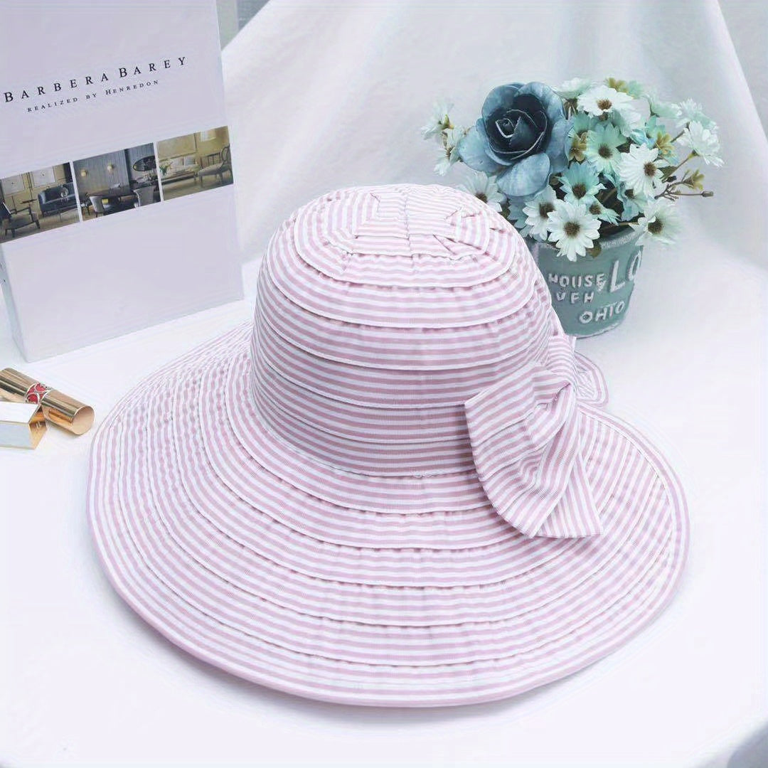 Foldable Striped Sun Hat Casual Bowknot Bucket Hat for Summer