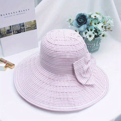 Foldable Striped Sun Hat Casual Bowknot Bucket Hat for Summer
