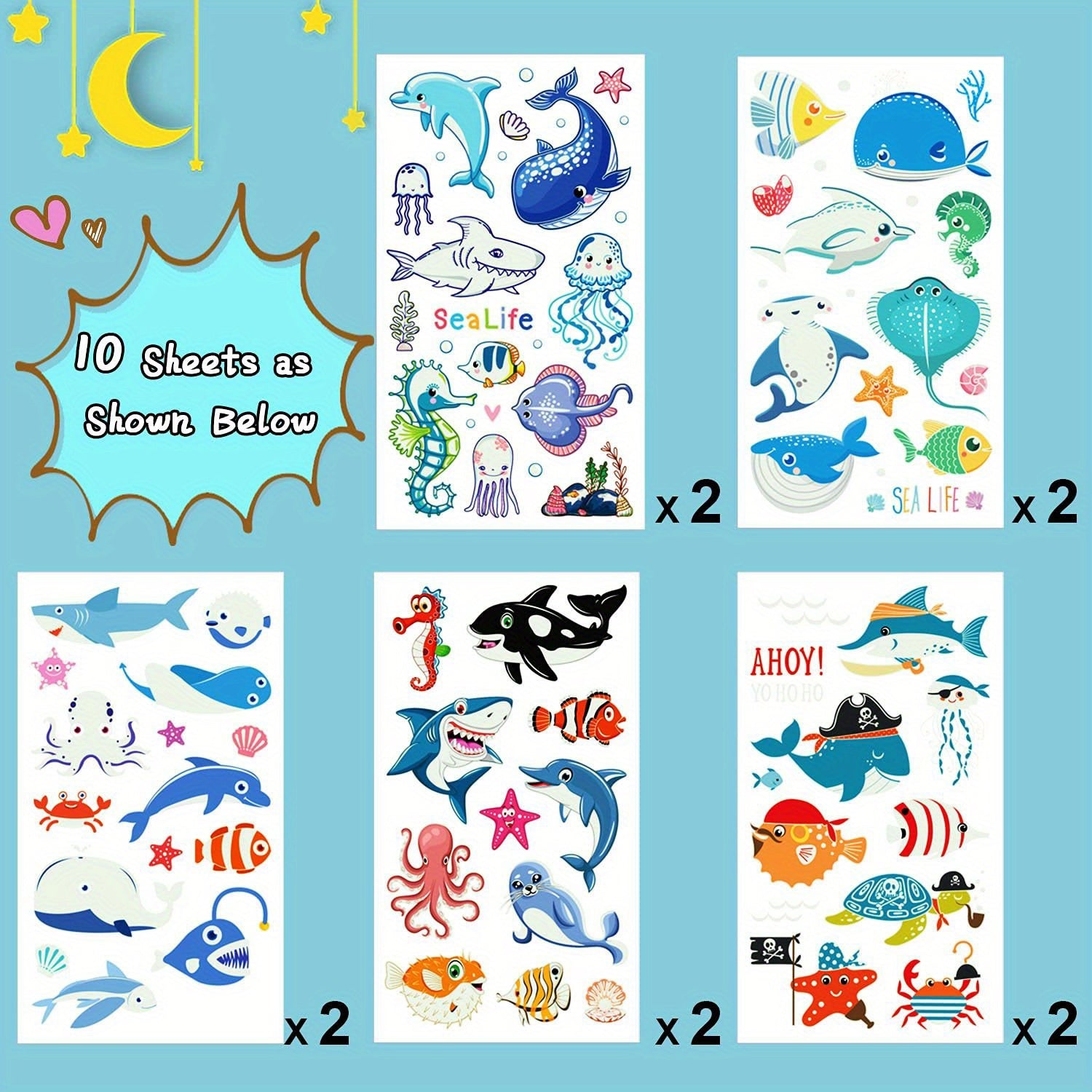 10 Sheets Marine Organisms Temporary Tattoos