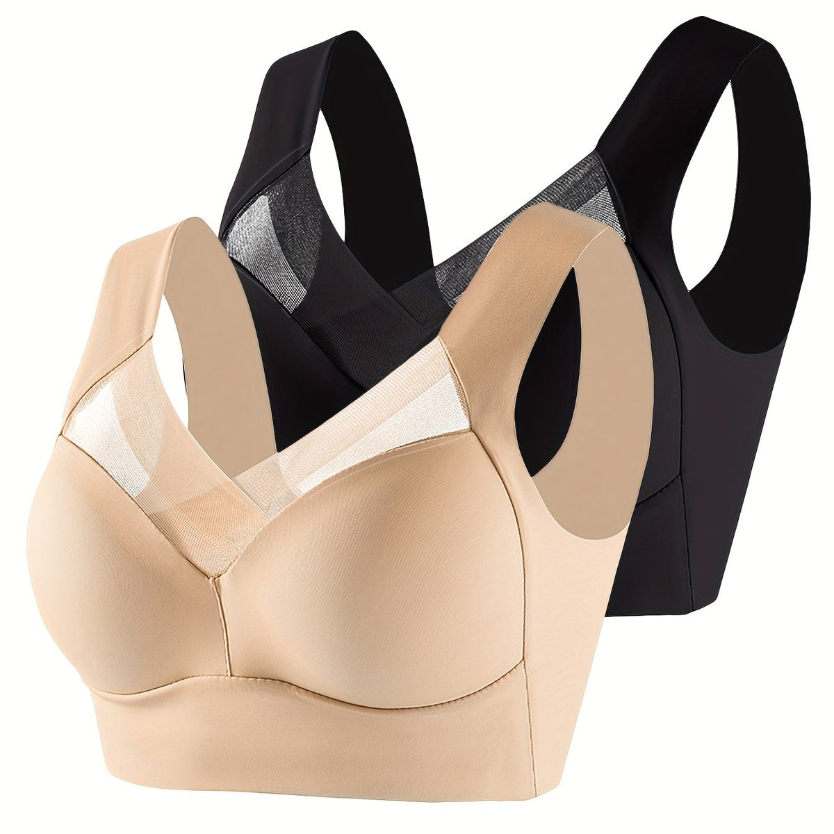 2pcs Wireless Push Up Bras, Breathable & Comfy, Mesh Contrast Design