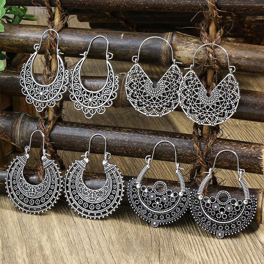 Vintage Ancient Silver U Shaped Earrings Women's Boho Hollow Dangle Earrings