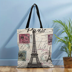 Large Parisian Canvas Tote with Eiffel Tower & Vintage Stamps Design