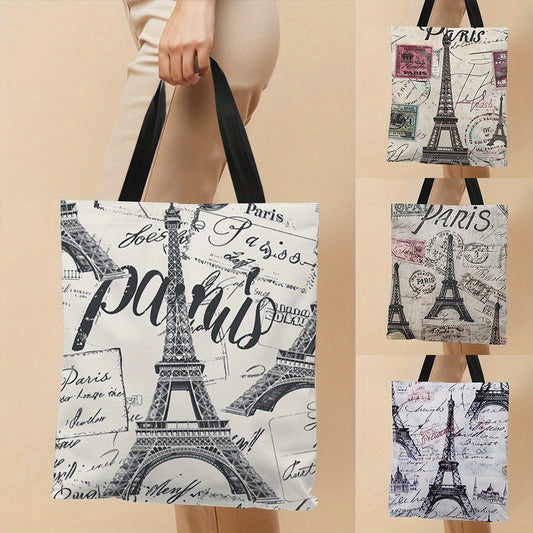 Large Parisian Canvas Tote with Eiffel Tower & Vintage Stamps Design