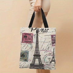 Large Parisian Canvas Tote with Eiffel Tower & Vintage Stamps Design