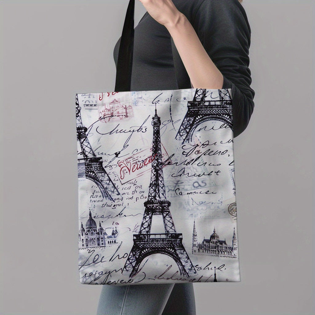 Large Parisian Canvas Tote with Eiffel Tower & Vintage Stamps Design