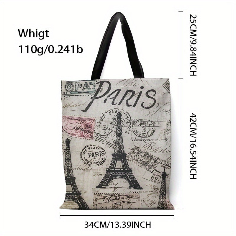 Large Parisian Canvas Tote with Eiffel Tower & Vintage Stamps Design