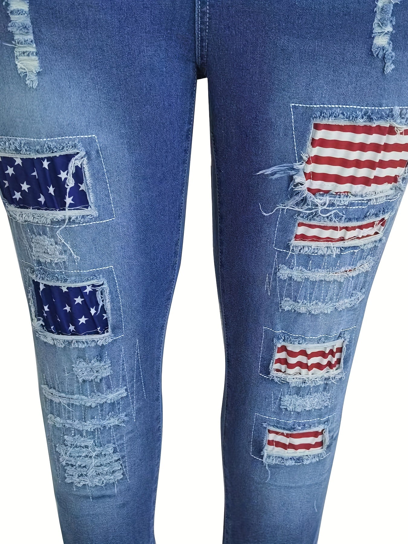  Colorblock Button Fly Ripped Fringe Trim Jeans