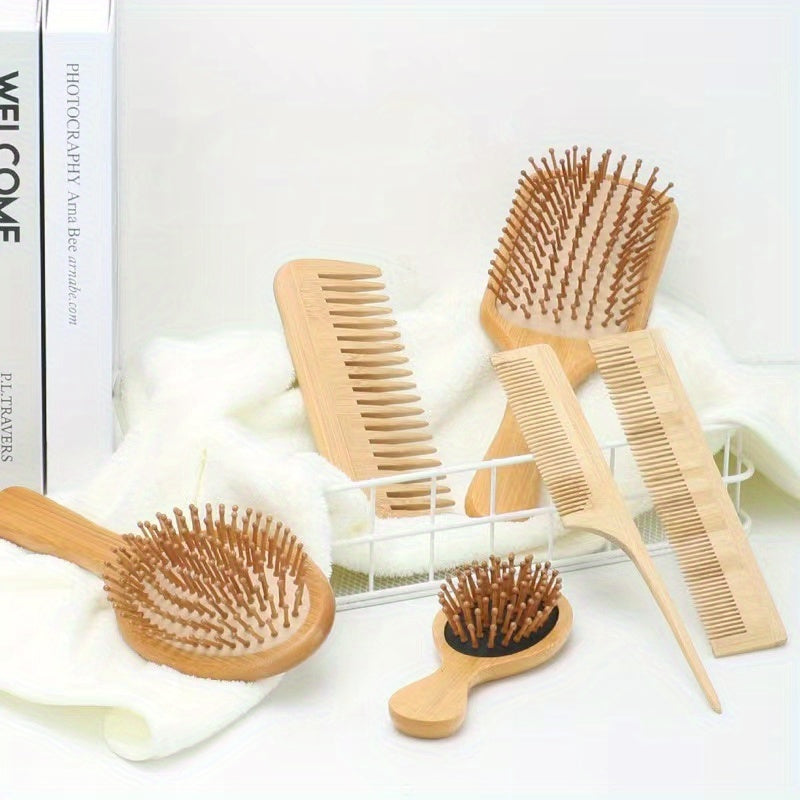 6pc Bamboo Hair Brush & Comb Set for Normal Hair w/ Tooth Comb & Paddle B