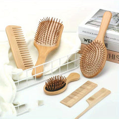 6pc Bamboo Hair Brush & Comb Set for Normal Hair w/ Tooth Comb & Paddle B