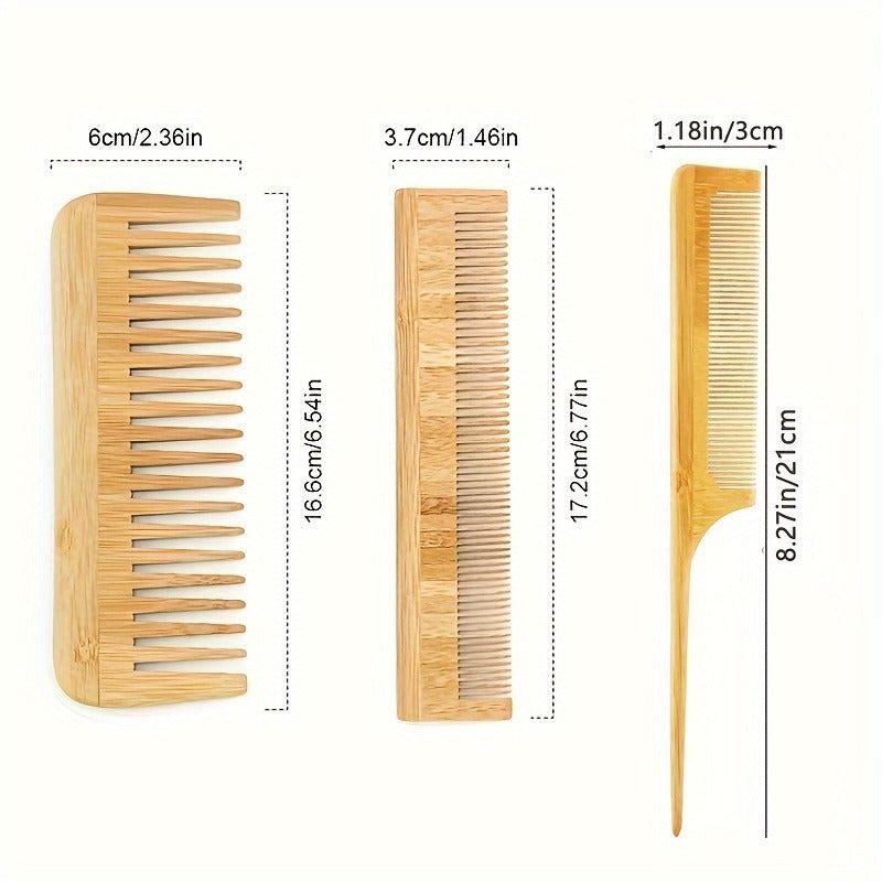 6pc Bamboo Hair Brush & Comb Set for Normal Hair w/ Tooth Comb & Paddle B