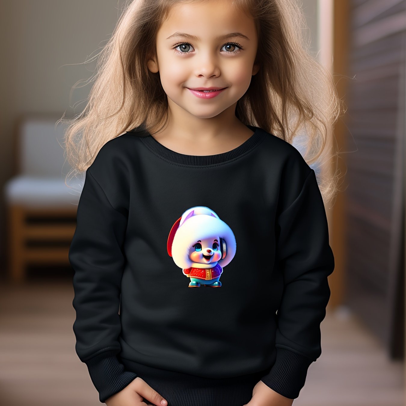 Cartoon Pattern Girls Sweatshirt Long Sleeve Crew Neck Kids Clothing