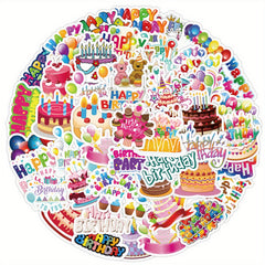 50pcs Birthday Stickers Waterproof Vinyl Reusable Cartoon Designs